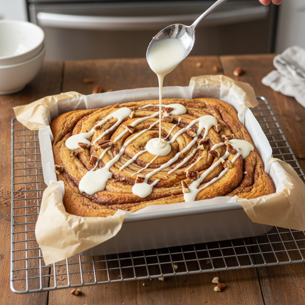 Food photography, Overhead shot of the warm baked cinnamon cake in a parchment-lined 9-inch square pan on a cooling rack