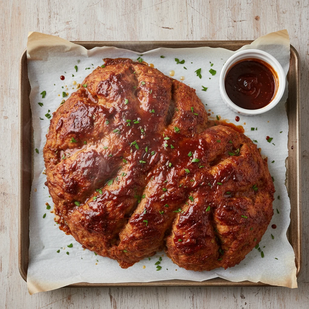 Food photography, Overhead shot of a freshly baked sheet-pan free-form chicken meatloaf on parchment, thick tomato-balsa