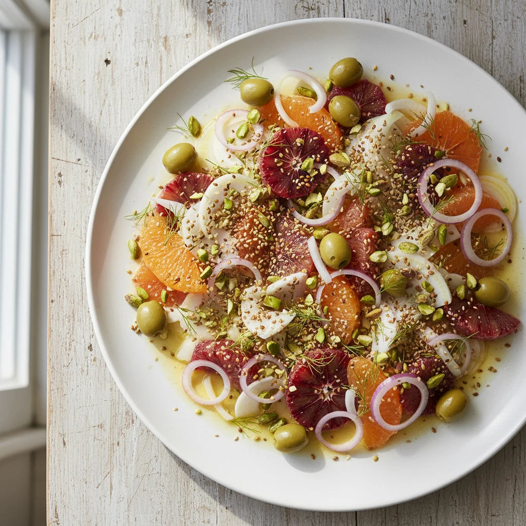 Food photography, Overhead final platter of Citrus, Fennel & Olive salad—supremed Cara Cara and blood orange segments, p