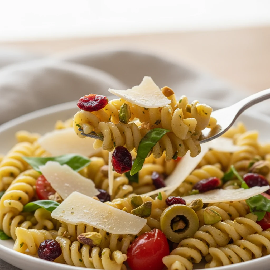 Food photography, Close‑up final dish detail: macro of a plated forkful of Christmas pasta salad—rotini ridges coated in