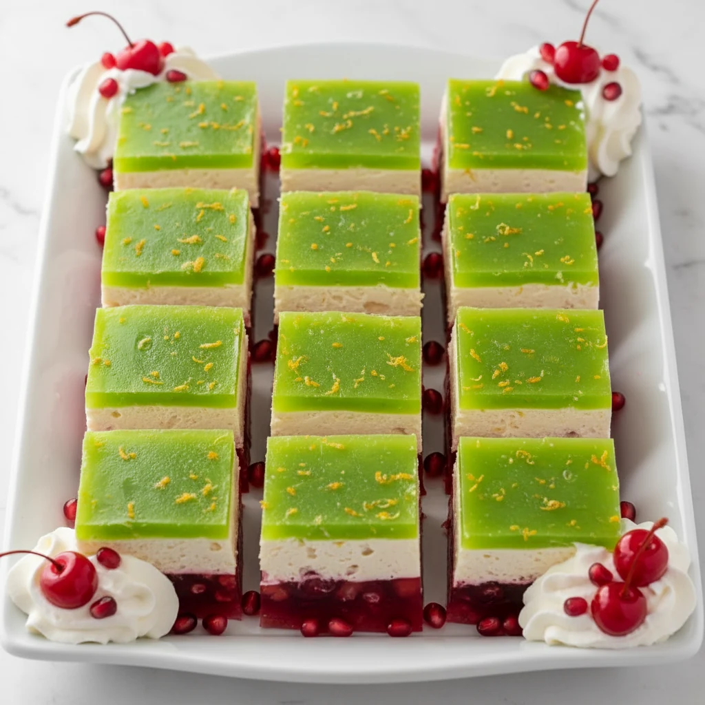 Food photography, Overhead final presentation: neatly cut squares of Christmas Jello salad on a white platter, crisp lay