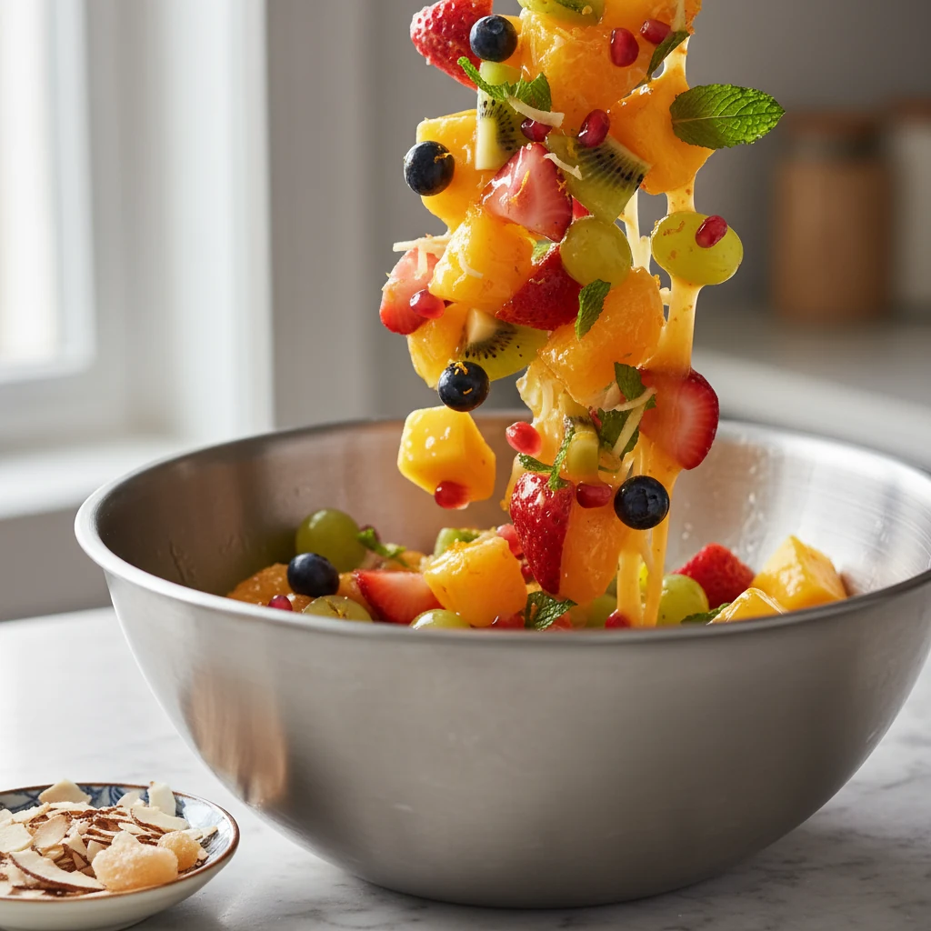 Food photography, Close-up process shot of the prepared fruit salad being gently tossed with bright orange–lemon–lime ho
