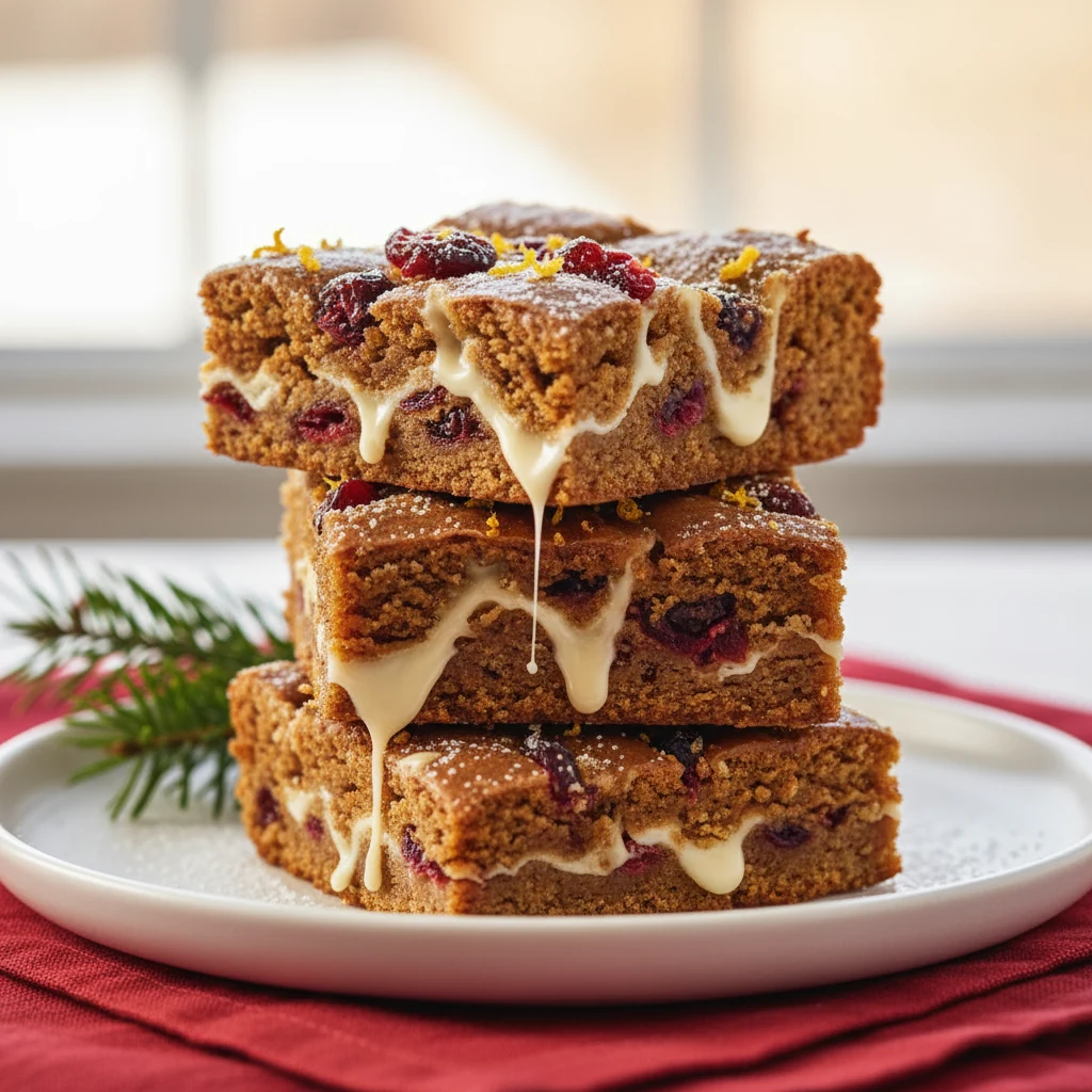 Food photography, Close-up of stacked Gingerbread Blondie squares on a matte white plate, showcasing chewy molasses-rich