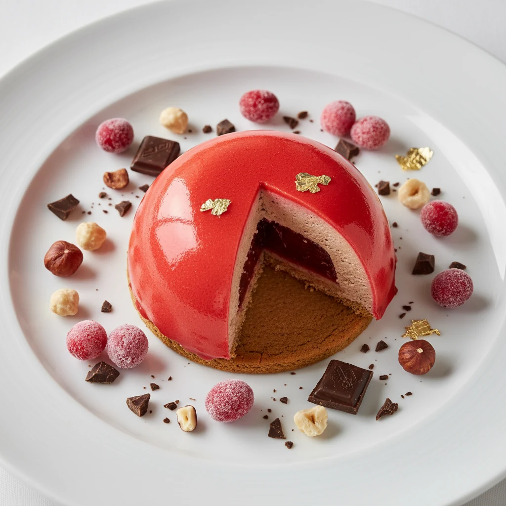 Food photography, Tasty top view: Overhead of the final plated glossy red mousse dome, cleanly halved to reveal a bright