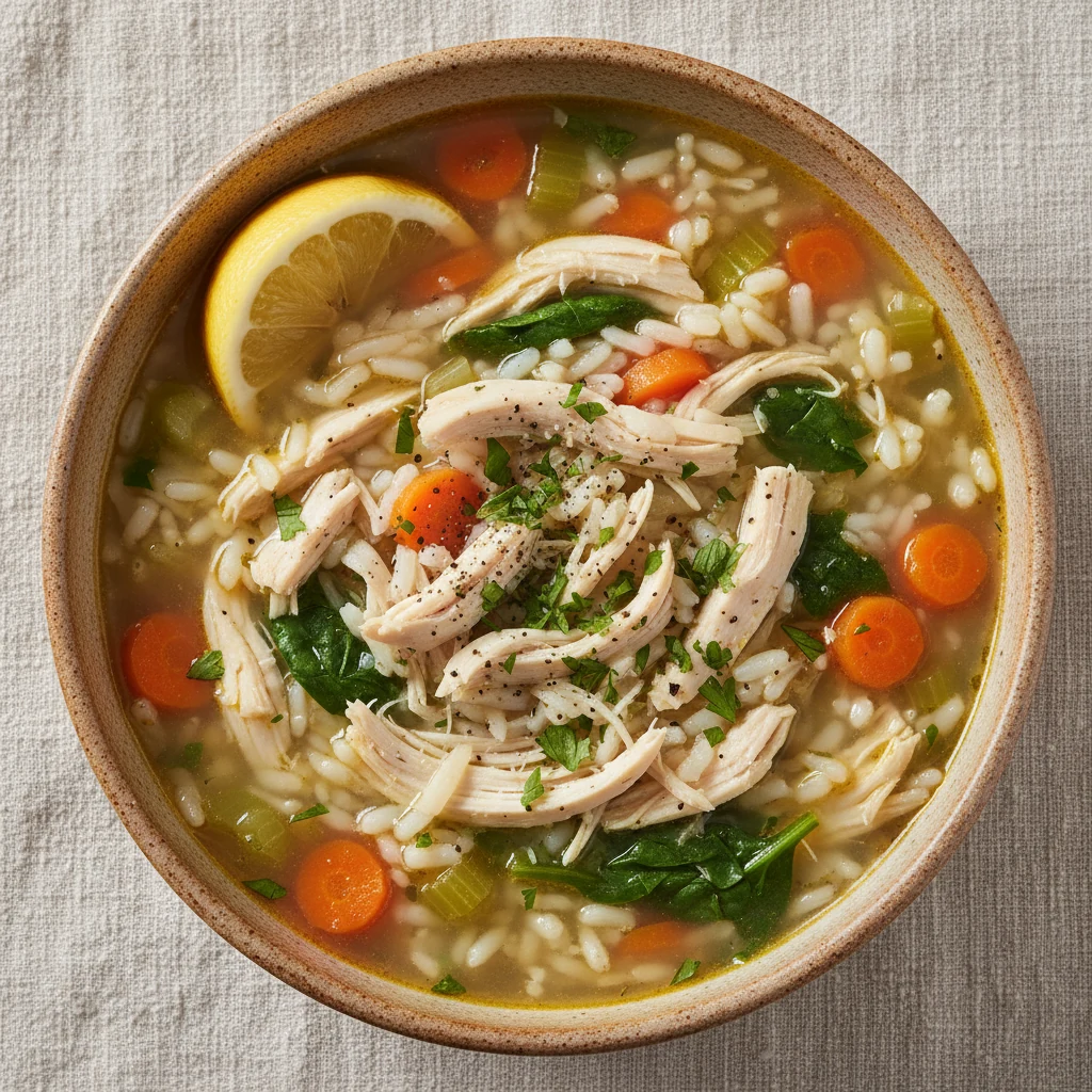 Overhead final bowl of hearty chicken and rice soup: juicy shredded chicken, plump white rice, bright carrots and celery