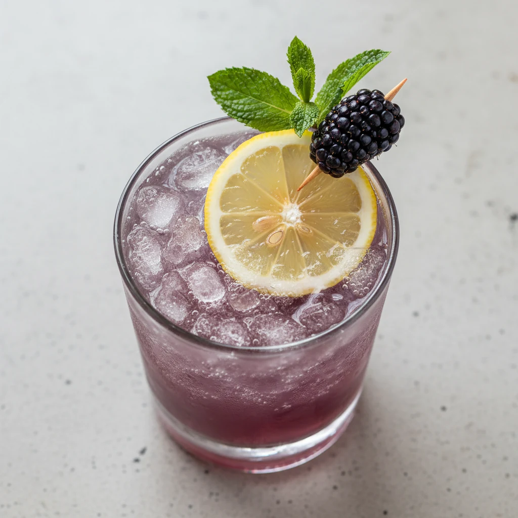 Food photography, Tasty top-down final shot: overhead view of the finished Crown Royal Blackberry cocktail in a rocks gl