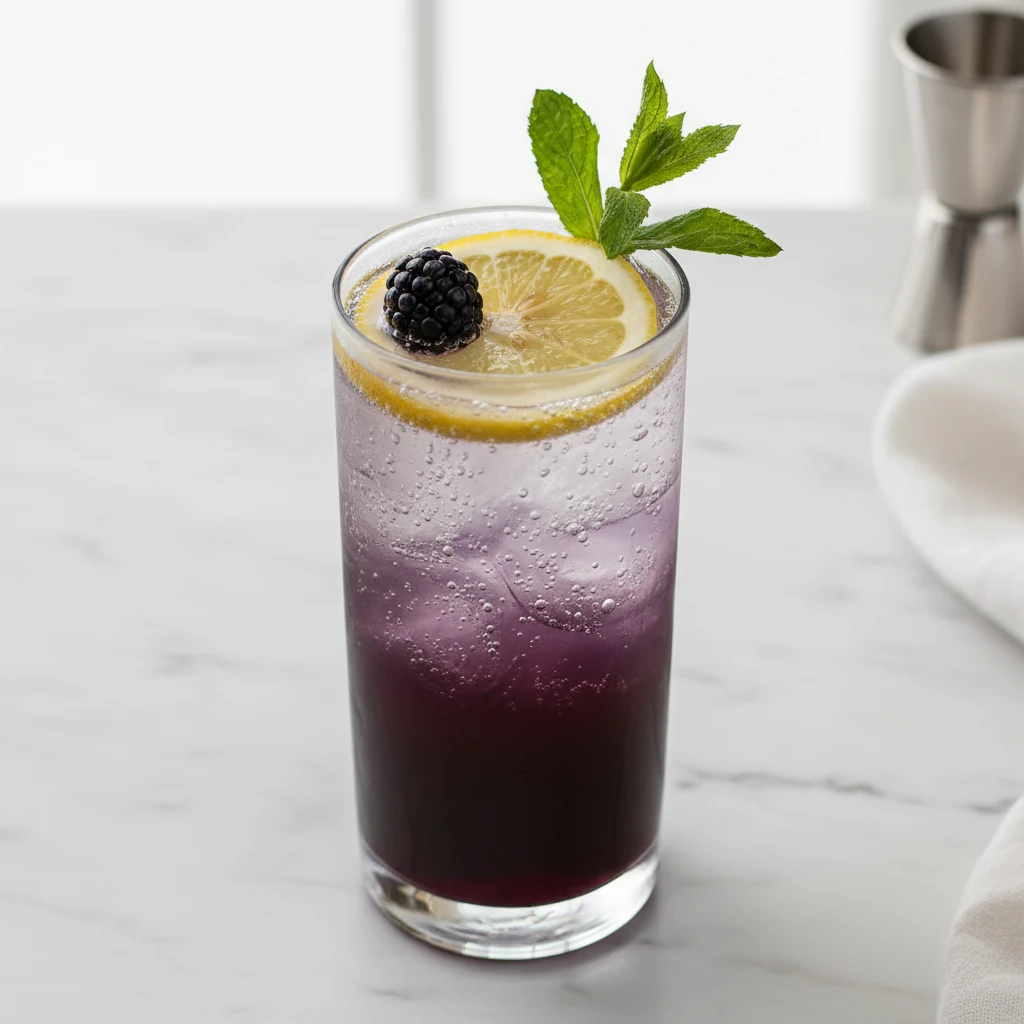 Food photography, Overhead final presentation: blackberry gin fizz in a tall highball—rich purple base topped with spark