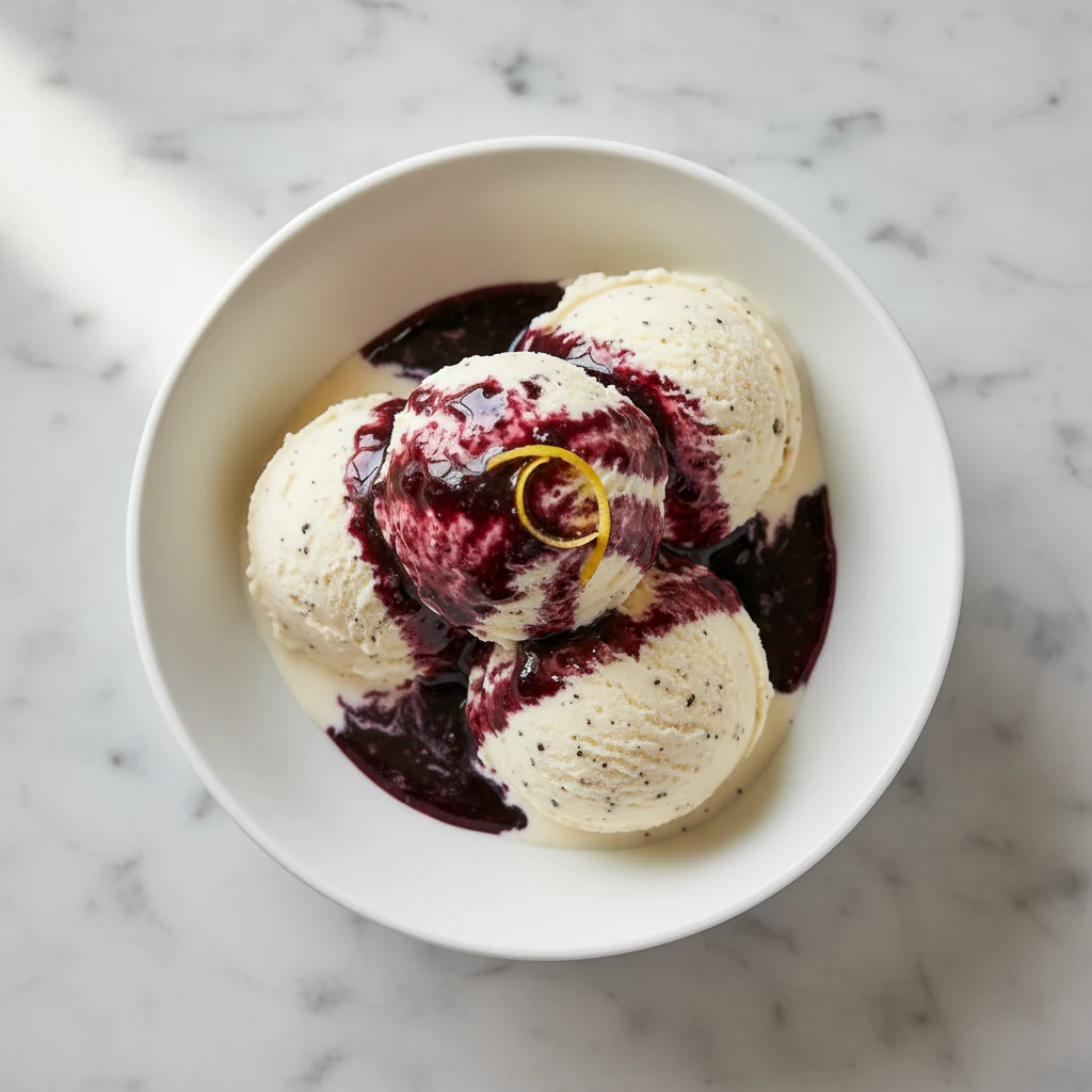 Food photography, Overhead shot of vanilla ice cream scoops in a chilled white bowl drizzled with blackberry liqueur, fo