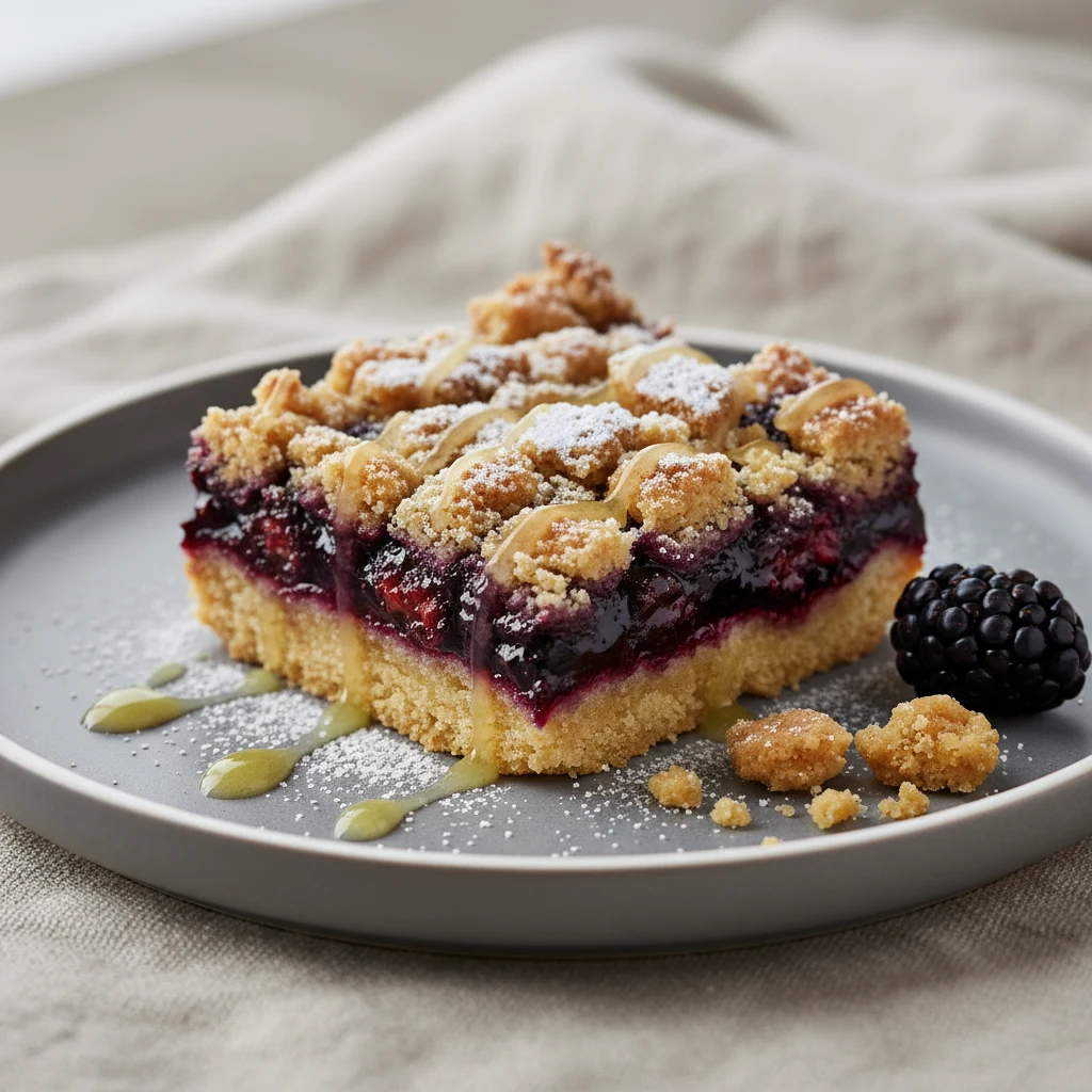 Food photography, Close-up final presentation: a neatly sliced Blackberry Crumble Bar on a matte ceramic plate, showing 