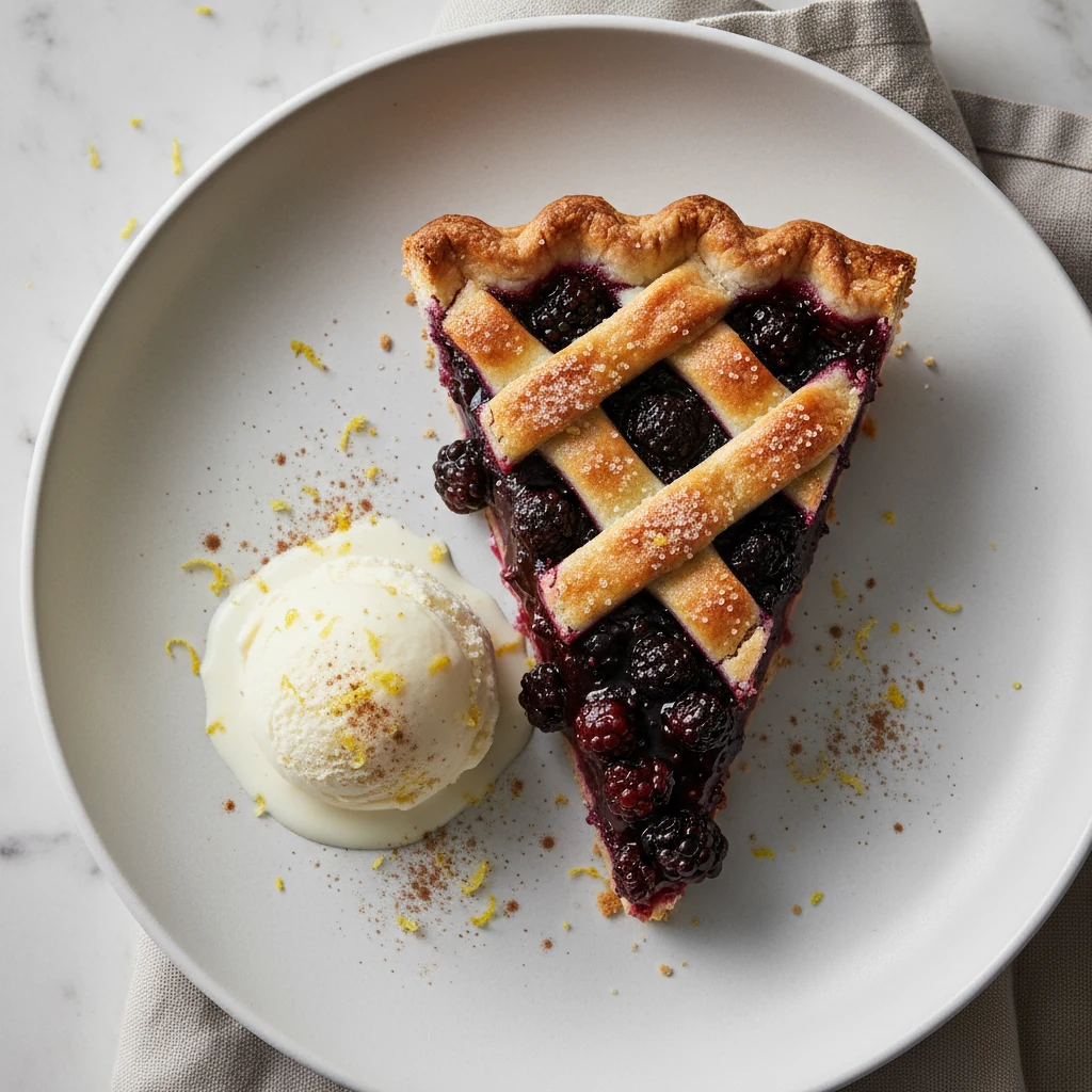 Food photography, Overhead shot of a cleanly sliced wedge of blackberry pie on a matte white plate; jammy, sliceable fil
