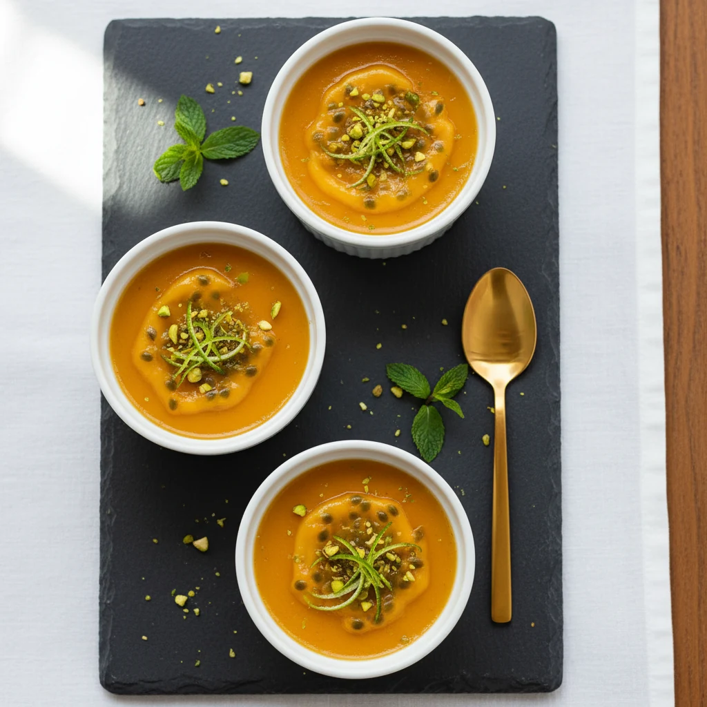 Final dish, appetizing top view: Glassy-soft Mango Pudding set in white ramekins, vibrant golden-orange surface with a d