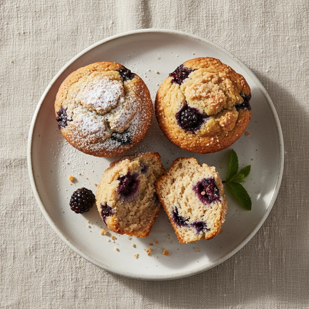 Food photography, Overhead shot of plated blackberry muffins: one halved to reveal ultra-moist buttermilk crumb with pur