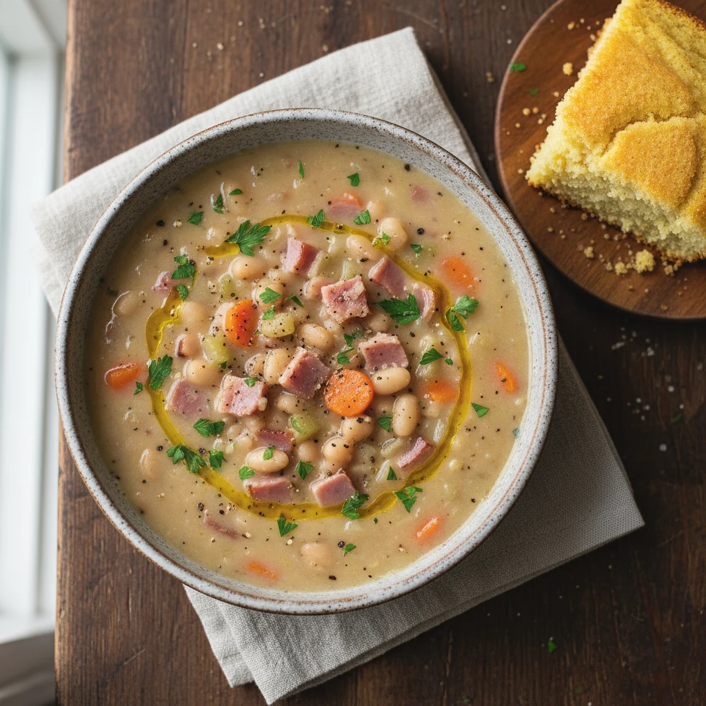 Food photography, Overhead plated ham and bean soup in a rustic bowl: ultra-creamy broth, hearty ham chunks, carrots and