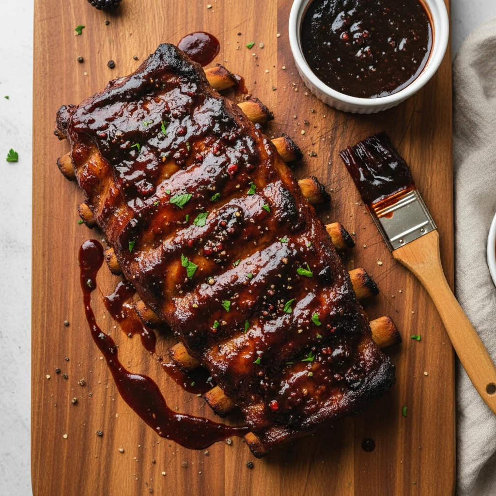 Food photography, Overhead shot of grilled pork ribs glazed in the last minutes with blackberry BBQ sauce, sticky lacque