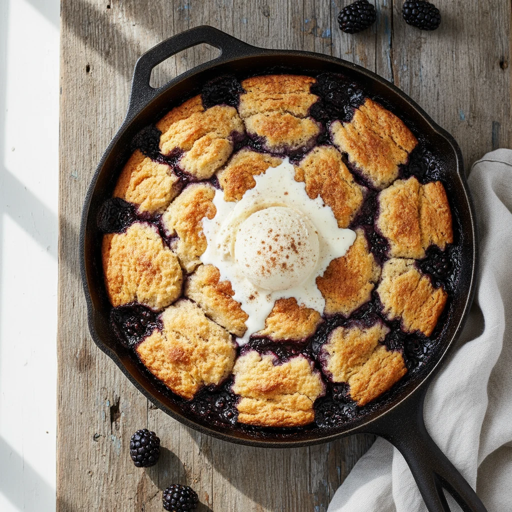 Food photography, Overhead shot of weeknight skillet cobbler: golden biscuit topping over bubbling blackberry compote, s