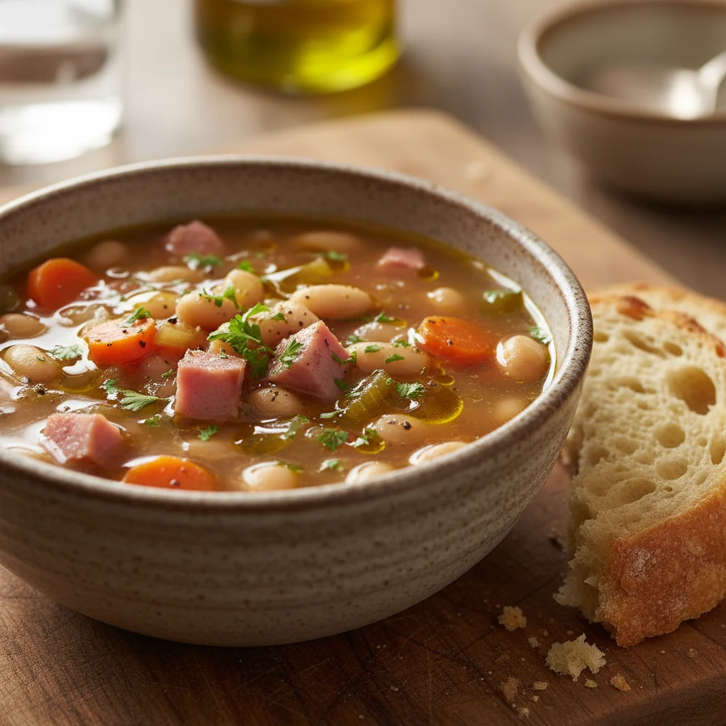 Food photography, Close-up of a rustic bowl of ham and cannellini bean soup with thick, glossy broth, pink ham cubes, cr