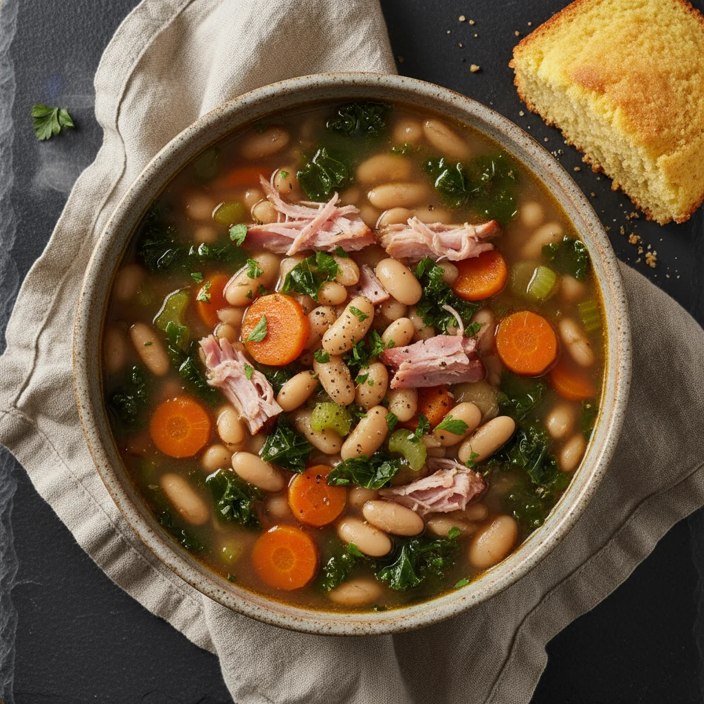 Food photography, Overhead final dish: Rustic ceramic bowl of ham and bean soup with visible creamy beans, juicy shreds 