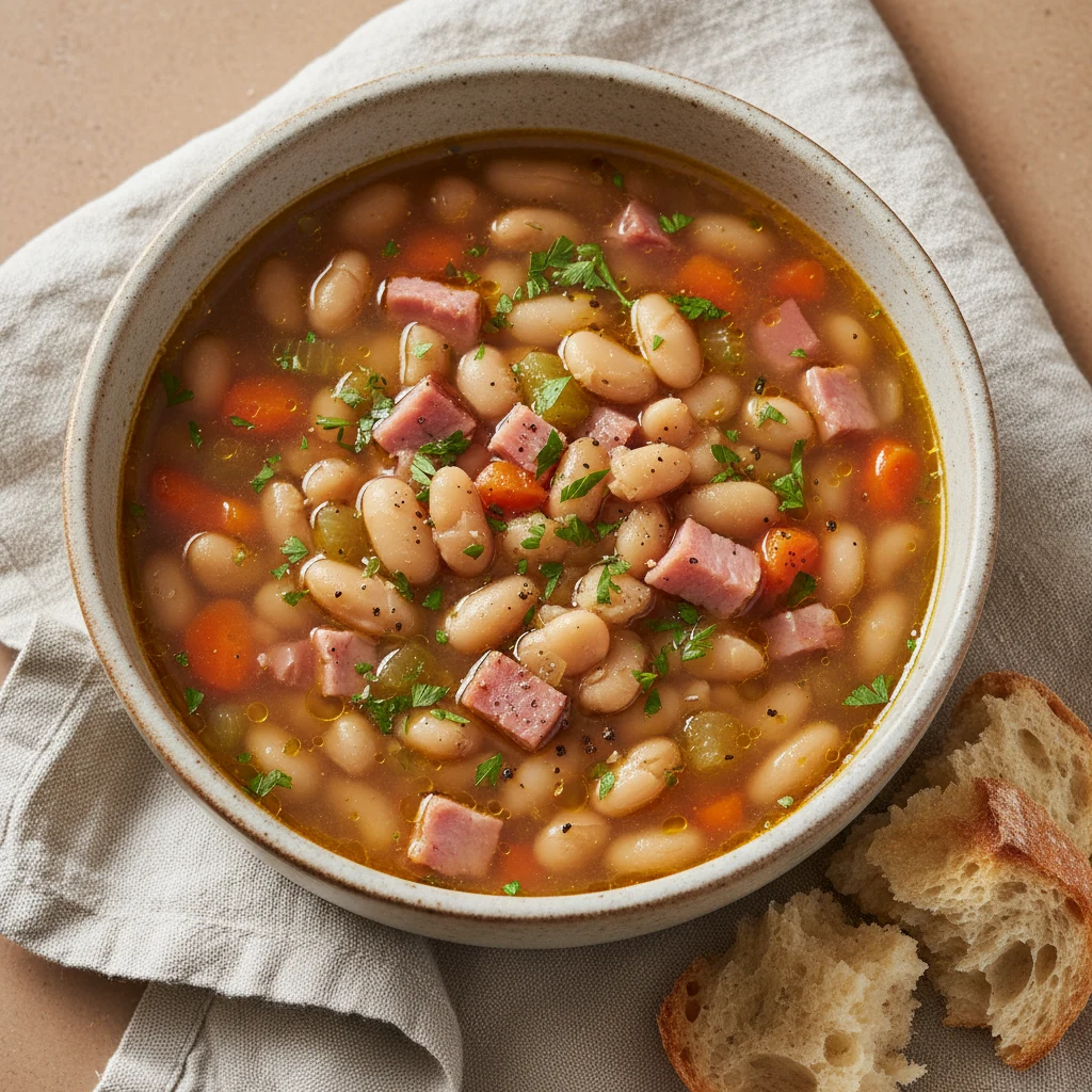Food photography, Overhead final shot: rustic ceramic bowl of ham and bean soup—buttery beans, tender ham, carrot and ce