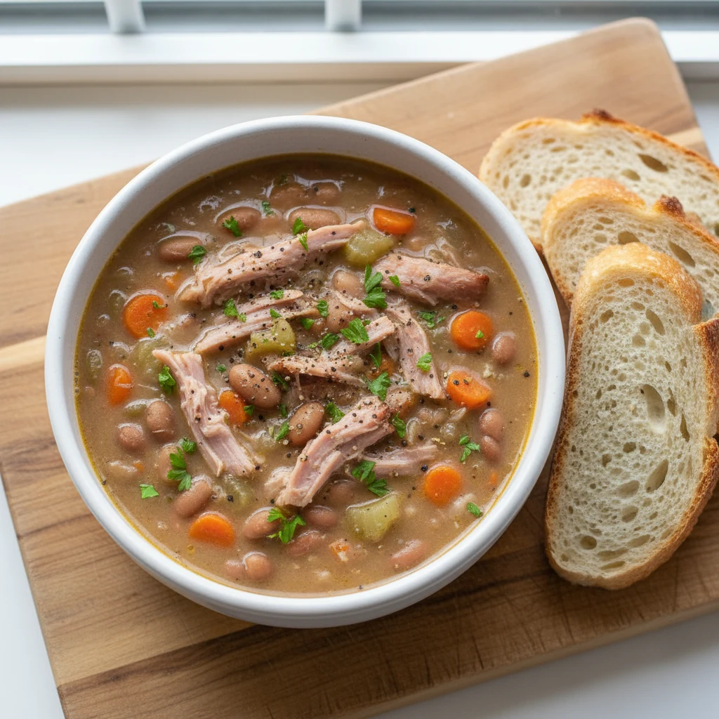 Food photography, Tasty top view final dish: Overhead shot of ham and bean soup in a white stoneware bowl; silky thick b