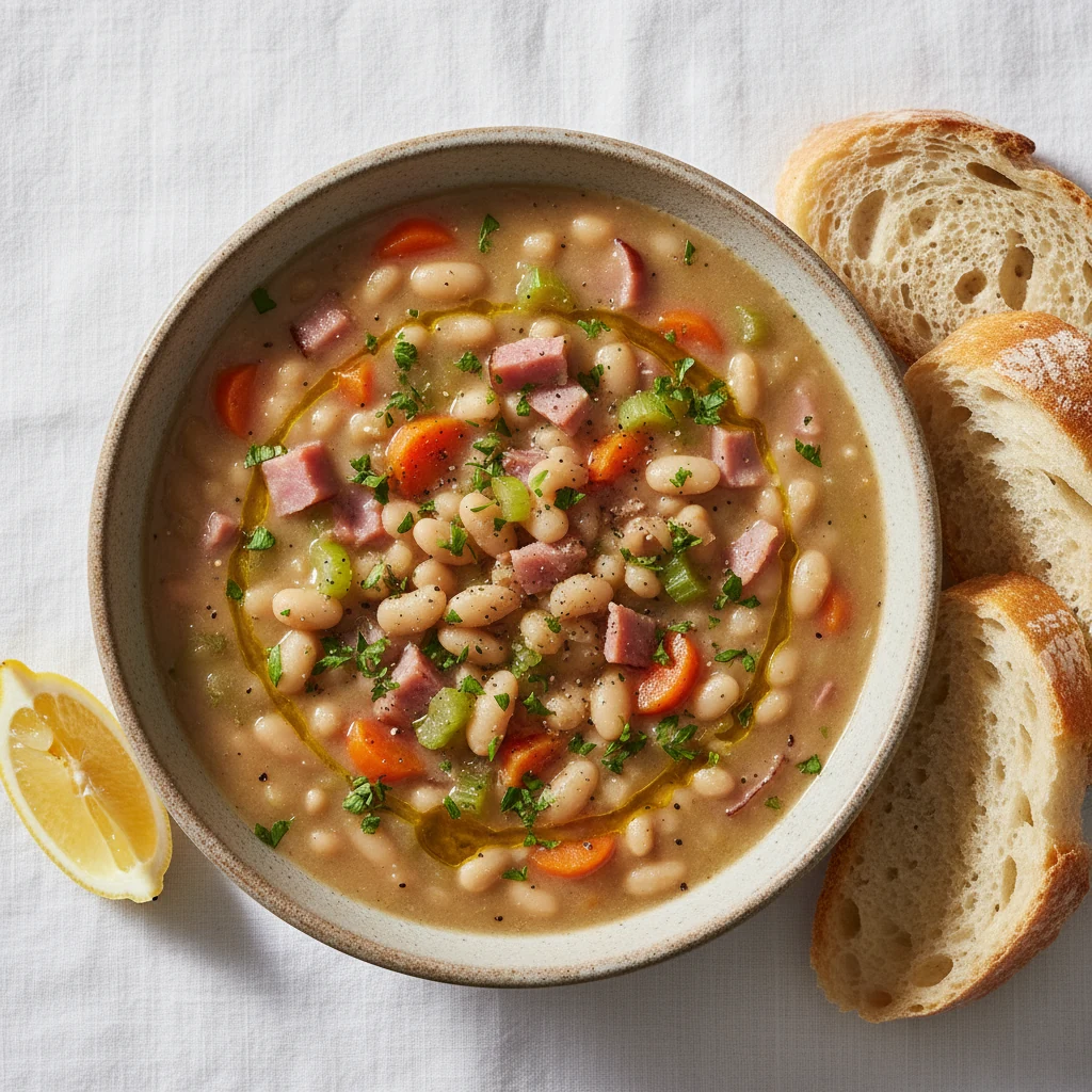 Food photography, Tasty top-down final dish: Overhead shot of a rustic bowl of ham and navy bean soup, thick and silky w