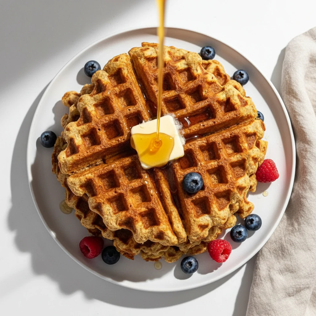 Food photography, Overhead shot of crispy gluten-free sourdough discard waffles (extra oil in batter) on a matte white p
