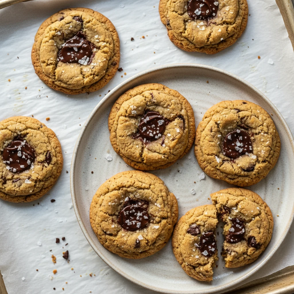 Food photography, Overhead final: tangy-chocolate chip sourdough discard cookies arranged on a matte ceramic plate with 