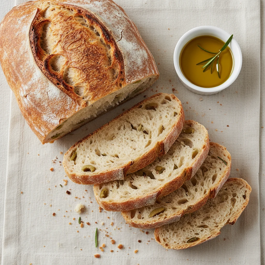 Food photography, Tasty top view: overhead shot of an olive + rosemary sourdough batard, several slices fanned to reveal