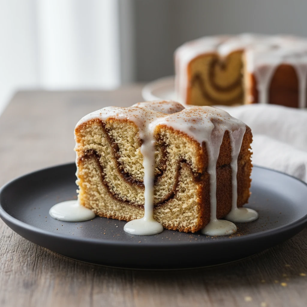 Food photography, Close-up of a cinnamon swirl snack cake slice on a matte ceramic plate, marbled cinnamon ribbons and t