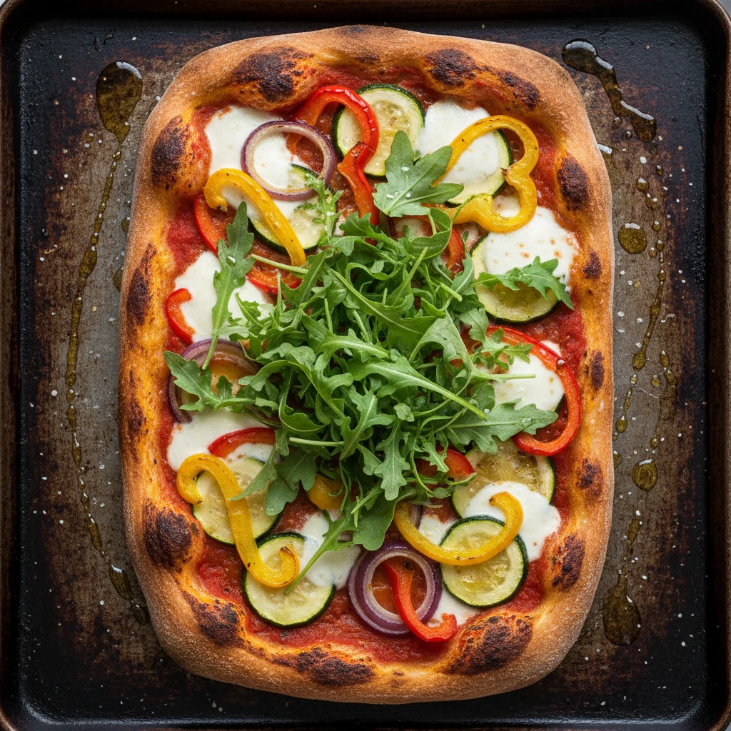 Food photography, Overhead final dish: Veggie sheet-pan sourdough pizza on a well-oiled rustic pan, blistered deeply bro