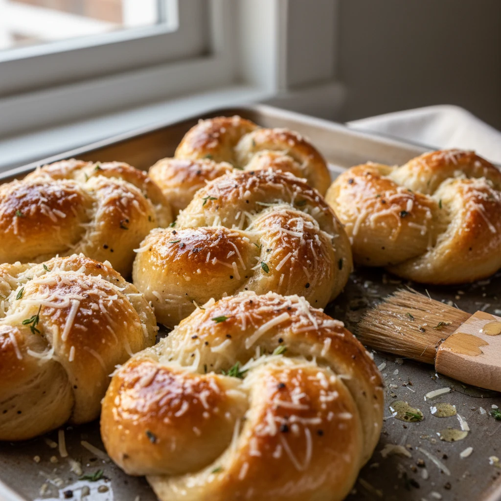 Food photography, Close-up detail of freshly baked sourdough cheesy garlic knots on an oiled sheet pan: glossy garlic-bu