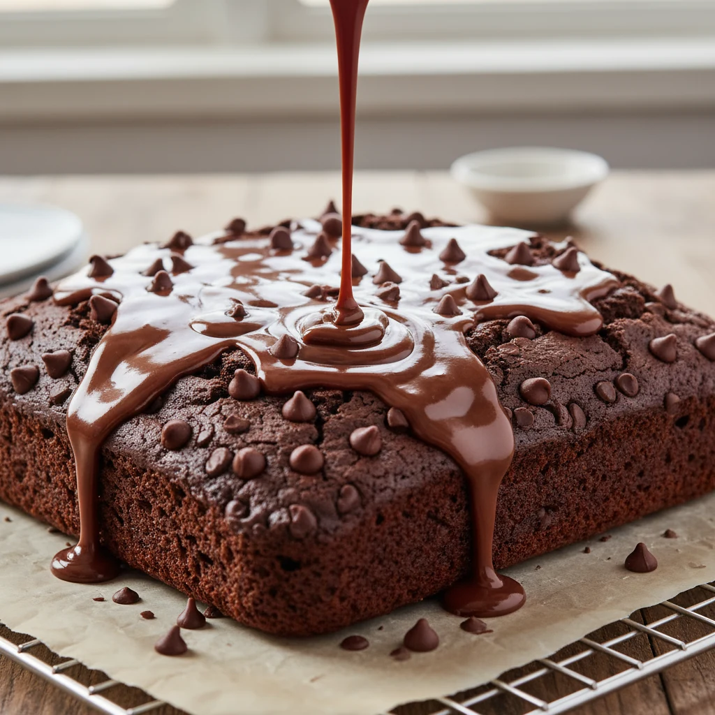 Food photography, Close-up process shot of chocolate fudge sourdough sheet cake as warm milk-chocolate glaze cascades ov