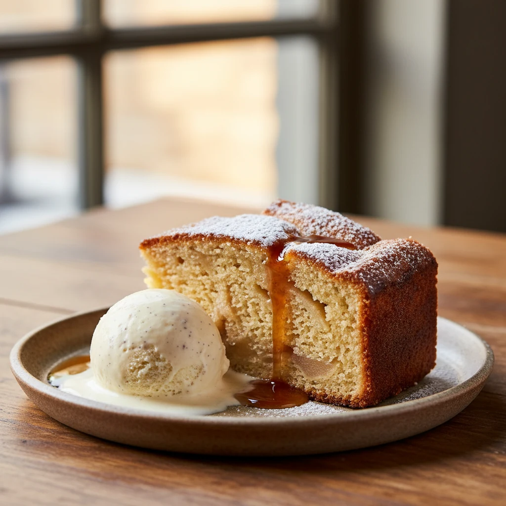 Food photography, Close-up of a plated slice of sourdough apple cake: plush tender crumb studded with apple, crisp brown