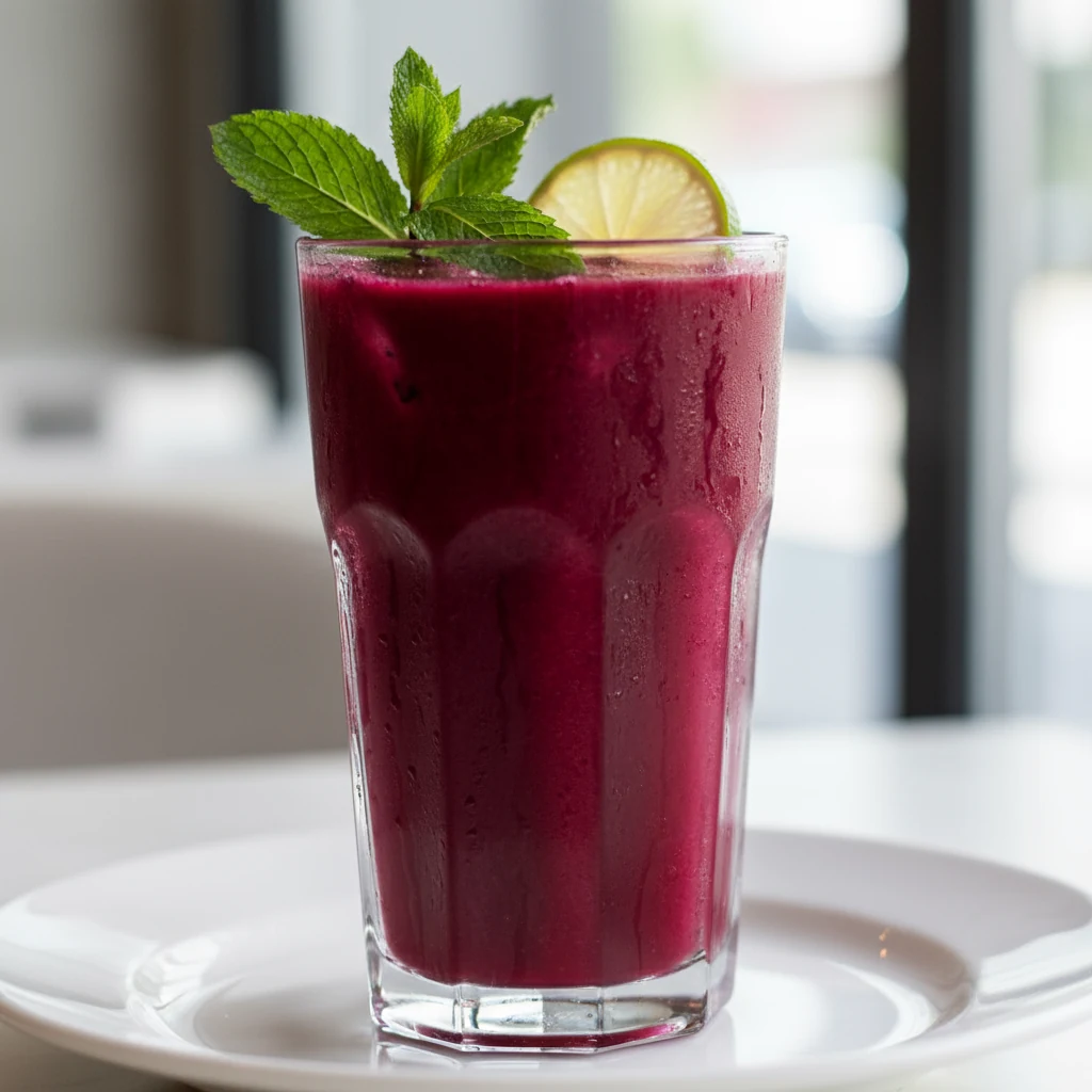 Food photography, Close-up of Beetroot Power-Up served in a clear highball glass: deep magenta gloss, smooth texture, mi