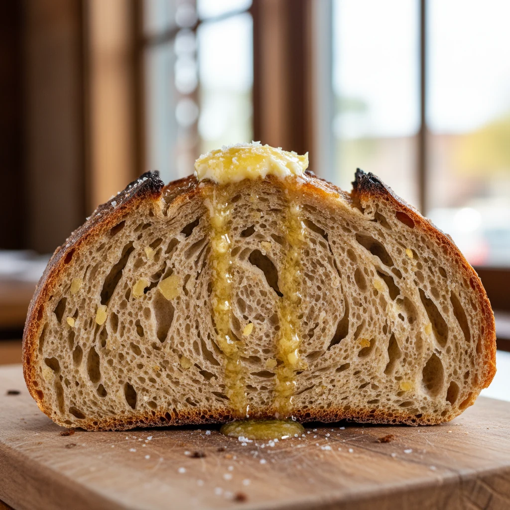 Food photography, Close-up of a thick slice of potato flake sourdough showing plush, moist crumb and crisp caramelized c