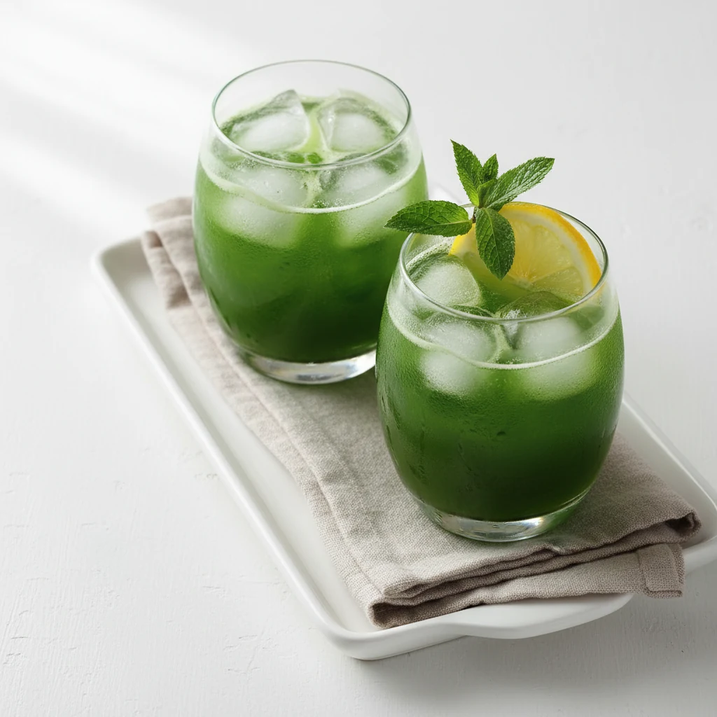 Food photography, Overhead shot of two clear glasses filled with the finished vivid green juice, ice cubes and condensat