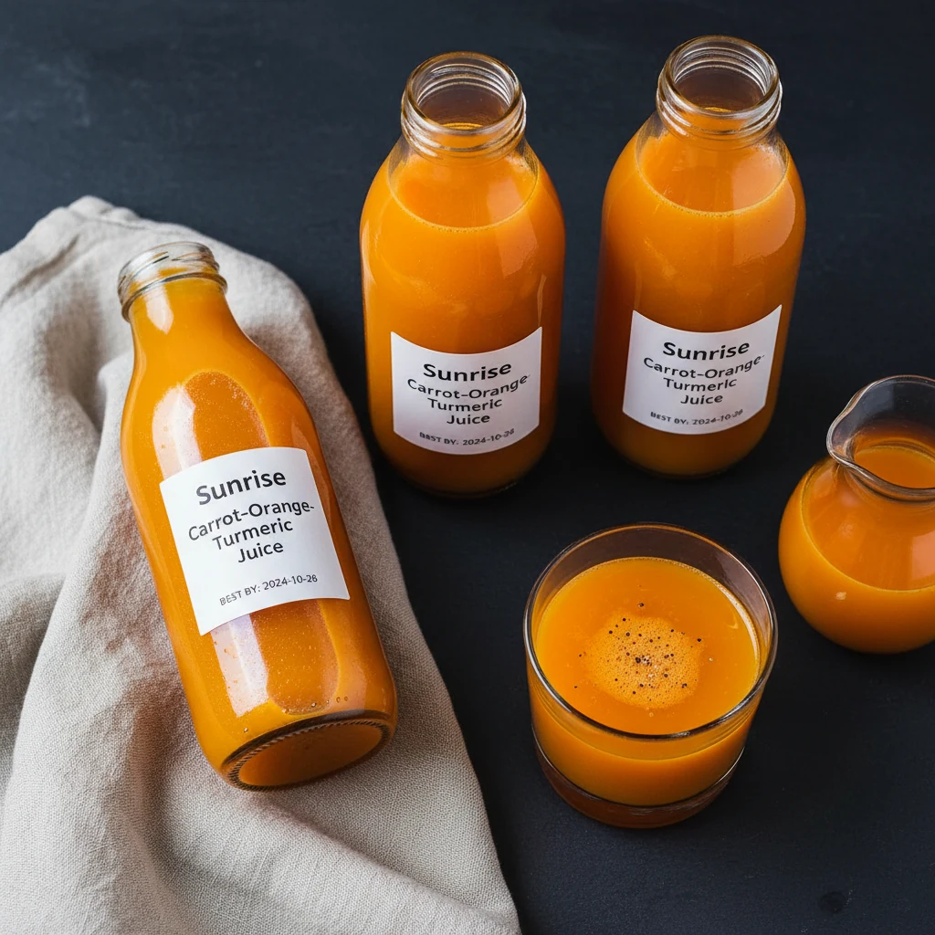 Food photography, Top-down final presentation: three brim-filled airtight glass bottles of Sunrise Carrot–Orange–Turmeri