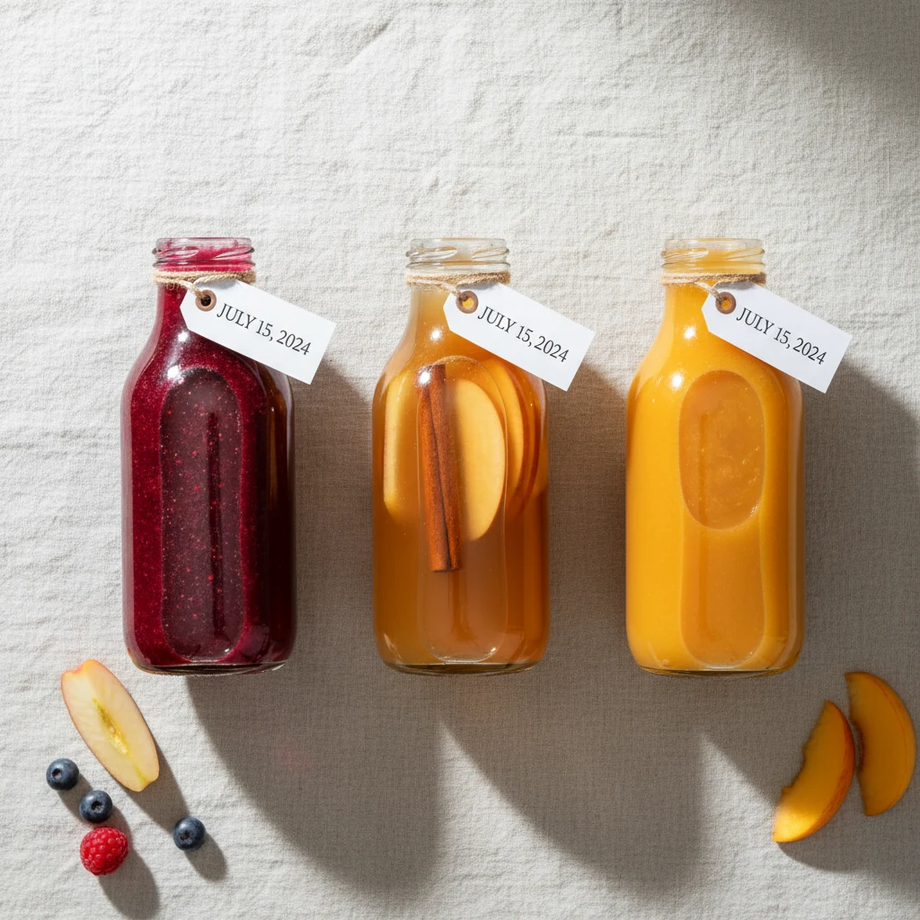 Food photography, Overhead final presentation: trio of heatproof bottles—mixed-berry syrup (deep magenta), apple-cinnamo