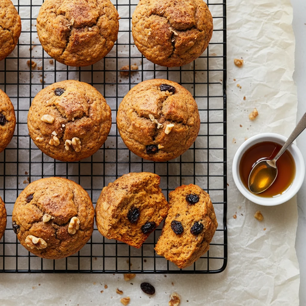 Food photography, Tasty top view final dish: Carrot–apple pulp muffins with raisins and chopped walnuts, domed crackly t