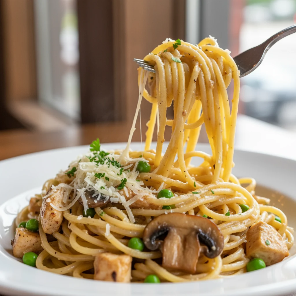 Food photography, 2. Close-up plated twirl of spaghetti tetrazzini: glossy roux-based cream (sherry) sauce coating al de