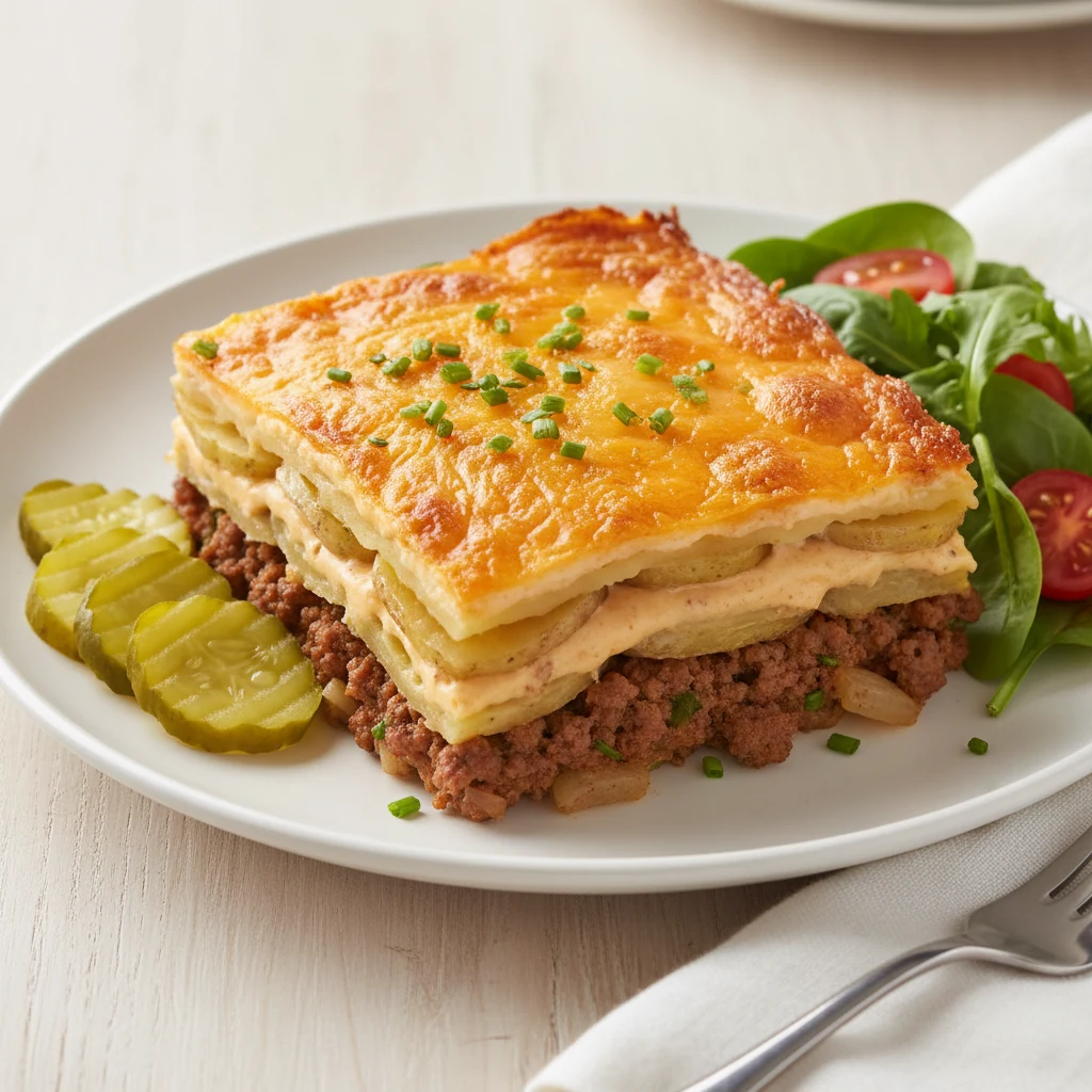 Overhead final presentation: a neatly cut square of cheeseburger potato casserole on a white plate, distinct layers of s