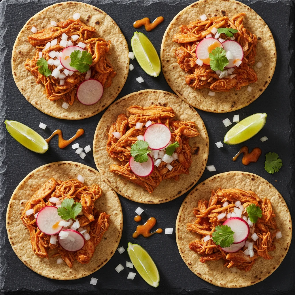 Food photography, Overhead shot of street-style shredded chicken tacos: charred corn tortillas filled with salsa roja–co