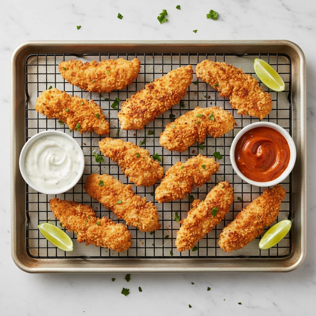 Food photography, Overhead shot of crispy oven chicken tenders: golden panko-Parmesan crust with craggy texture and broi