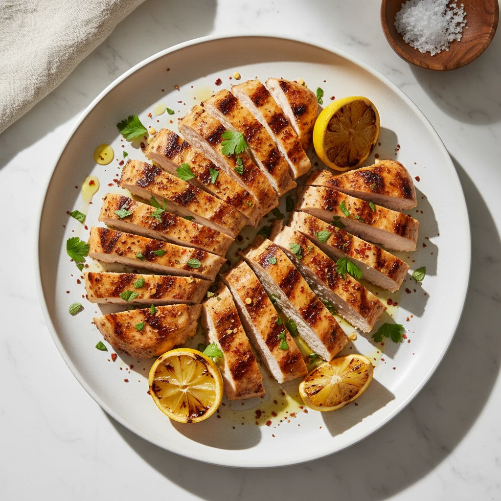 Food photography, 2. Overhead final presentation of Mediterranean grilled chicken breasts, sliced against the grain and 