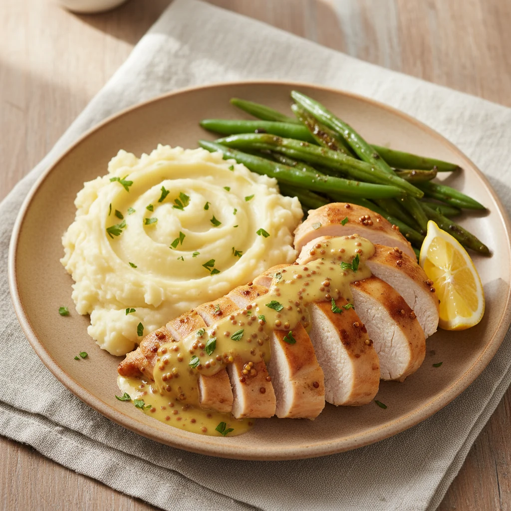 Food photography, Overhead shot of sliced mustard chicken breasts plated over buttery mashed potatoes with roasted green