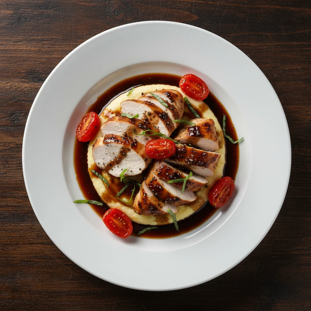 Food photography, Overhead shot of balsamic chicken breasts sliced and fanned over creamy polenta, spooned with extra gl