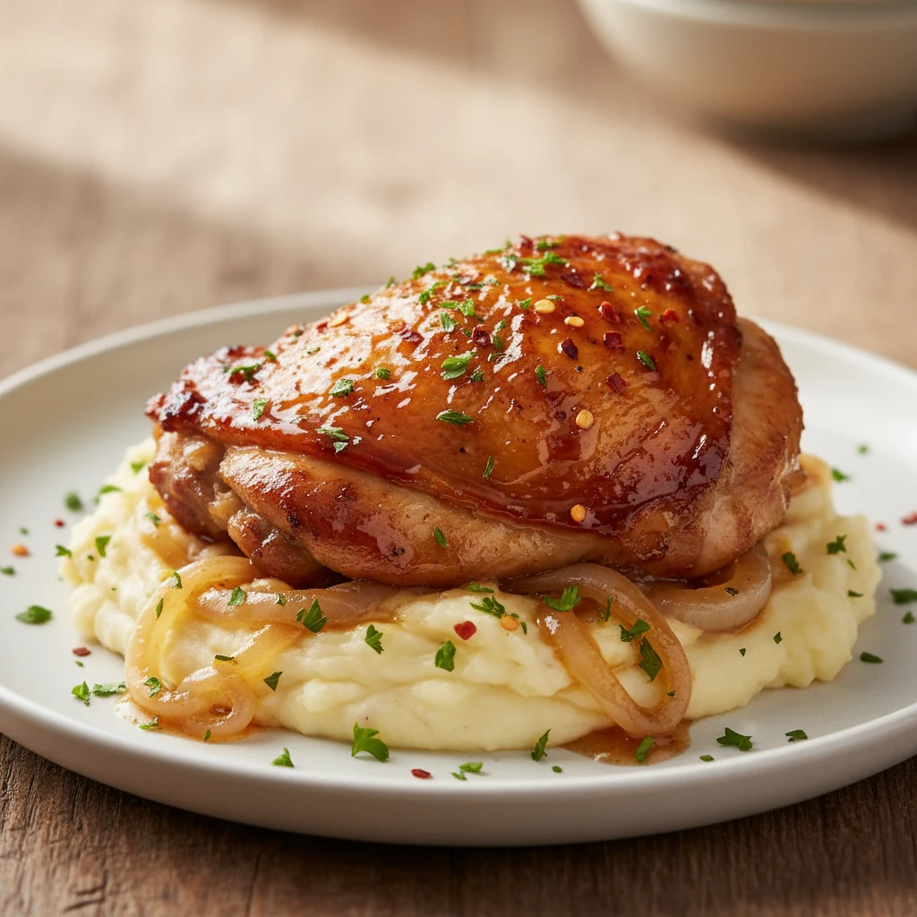 Food photography, 2. Close-up of the final plate: broiled skin-on chicken thigh with crackling golden skin lacquered in 