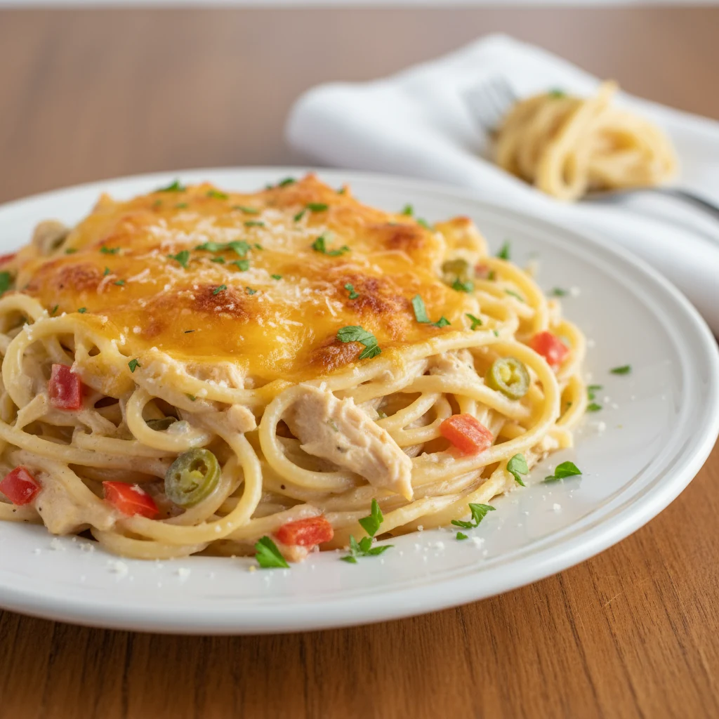 Food photography, Close-up of a plated twirl of baked chicken spaghetti on a white ceramic plate: ultra-creamy sauce cli