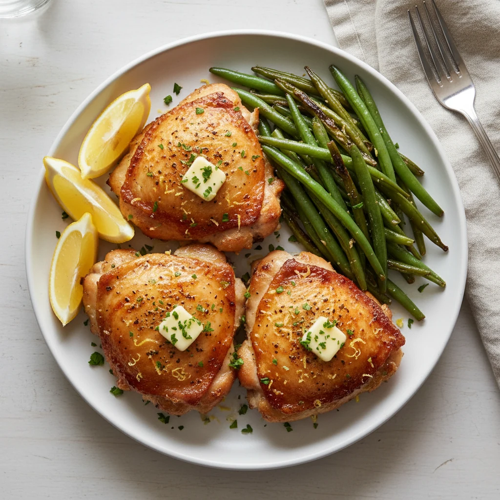Food photography, Tasty top view final dish: lemon pepper air fryer chicken thighs on a matte white plate; crisp, golden
