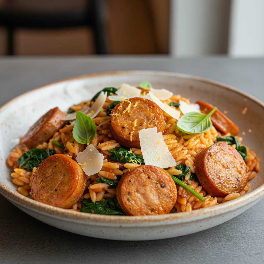 Food photography, Close-up final plate of Italian chicken sausage orzo: saucy orzo studded with golden-browned sausage c