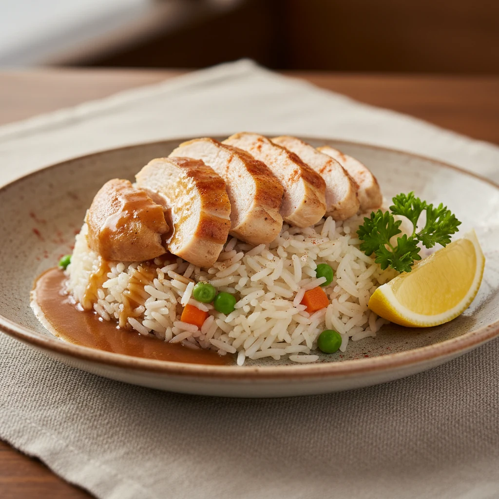 Food photography, Close-up 45° final plate: juicy sliced chicken over fluffy, separate long-grain rice with peas and car